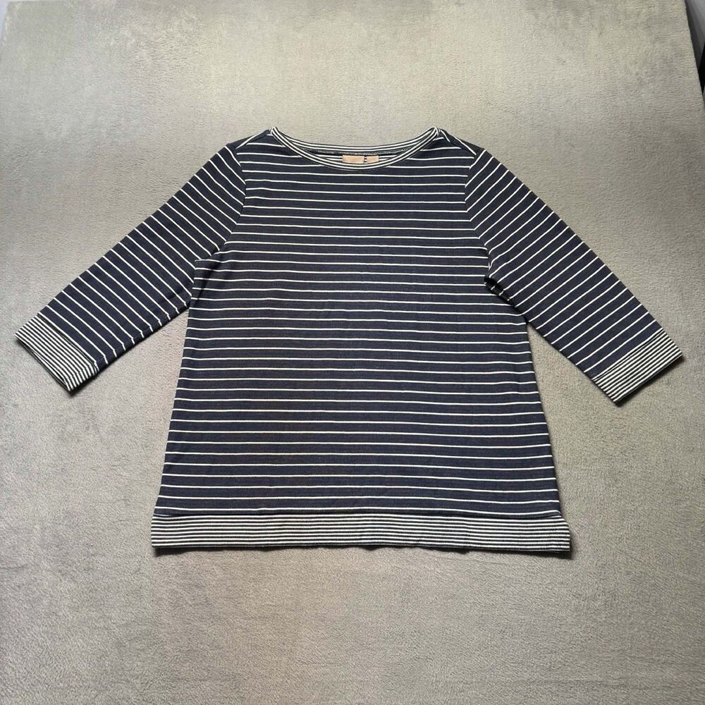 Chicos Womens 2 US L Blue White Striped 3/4 Sleeve Rayon Top Casual Blouse EUC